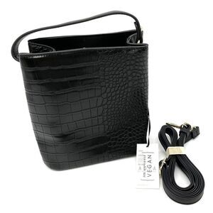 AOTA Black Vegan Leather Croc Embossed Elena Top Handle/Crossbody Bucket Bag